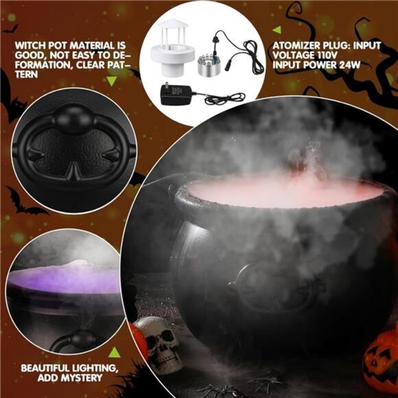 Halloween Mist Maker Fogger 8" Witch Cauldron Kettle with Handle 12 LED Lights - Picture 4 of 7